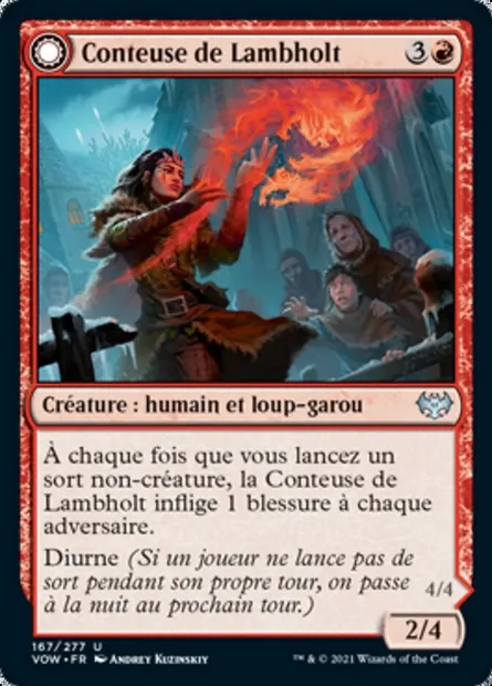 Conteuse de Lambholt // Dévastatrice de Lambholt, carte Magic VOW 167 — extension Innistrad : noce écarlate