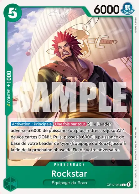 Rockstar, carte One Piece OP17-034 — extension LES GUERRIERS LES PLUS PUISSANTS AU MONDE