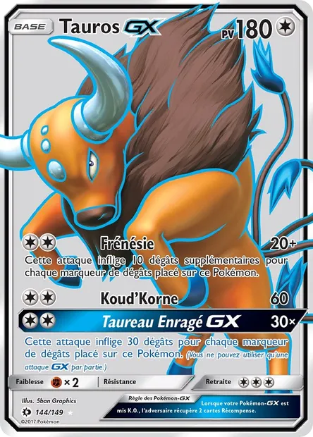 Tauros GX, carte Pokémon SUM 144 — extension Soleil et Lune