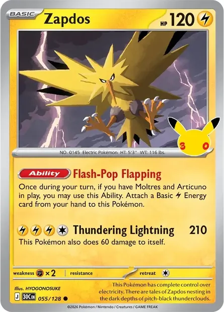 Zapdos, Pokémon card 30C 055 — 30th Celebration set