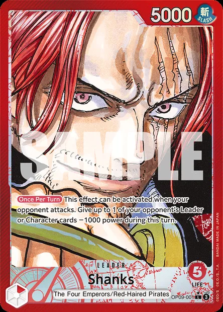 Shanks, One Piece card OP09-001 — EMPERORS IN THE NEW WORLD set