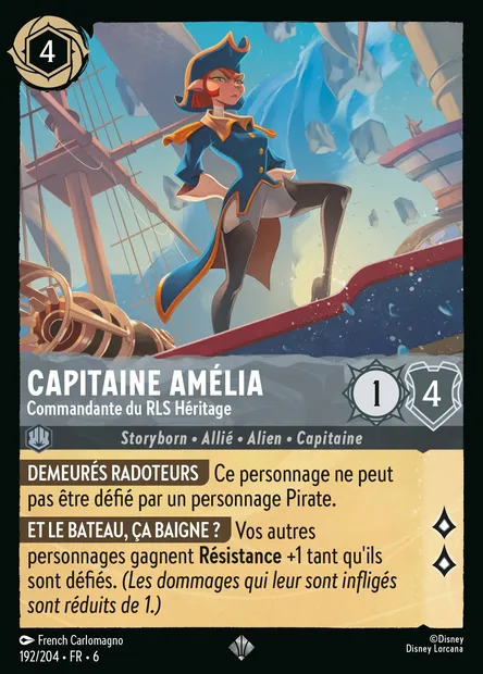 Capitaine Amélia - Commandante du RLS Héritage, carte Disney Lorcana CH6-192 — extension La Mer Azurite