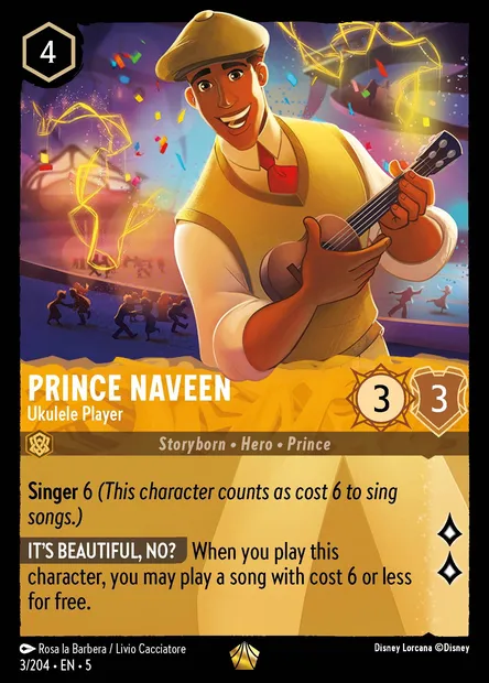 Prince Naveen - Ukulele Player, Disney Lorcana card CH5-003 — Shimmering Skies set