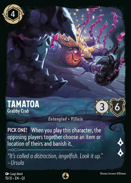 Tamatoa - Grabby Crab, Disney Lorcana card Q1-015 — Illumineer's Quest: Deep Trouble set