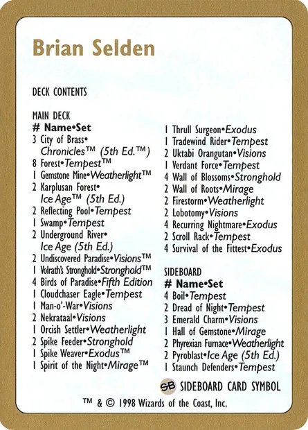 Brian Selden Decklist, carte Magic WC98 bs0b — extension World Championship Decks 1998