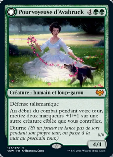 Pourvoyeuse d'Avabruck // Maîtresse-chasseuse de Cerclecreux, carte Magic VOW 187 — extension Innistrad : noce écarlate
