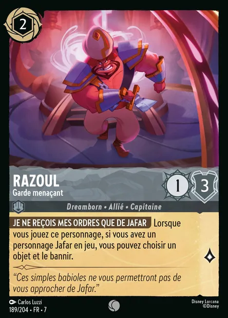 Razoul - Garde menaçant, carte Disney Lorcana CH7-189 — extension L'île d'Archazia