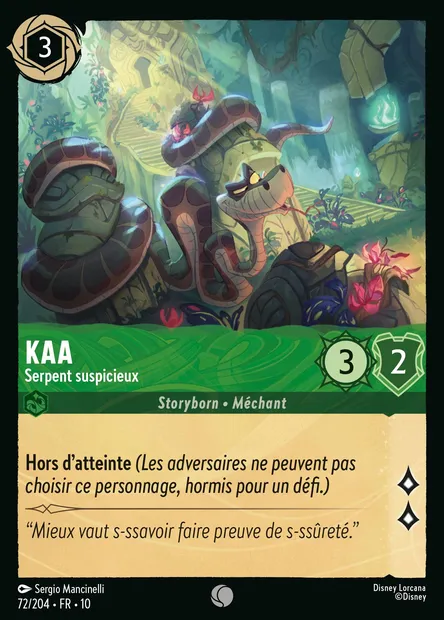 Kaa - Serpent suspicieux, carte Disney Lorcana CH10-072 — extension Lueurs dans les Profondeurs