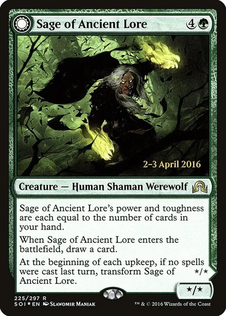 Sage de la sapience ancestrale // Loup-garou de la faim ancestrale, carte Magic PSOI 225s — extension Shadows over Innistrad Promos