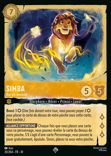 Simba - Roi en devenir, carte Disney Lorcana CH10-020 — extension Lueurs dans les Profondeurs