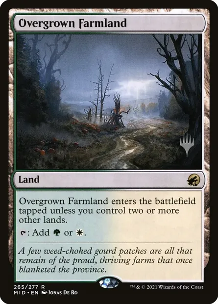 Overgrown Farmland, Magic card PMID 265p — Innistrad: Midnight Hunt Promos set