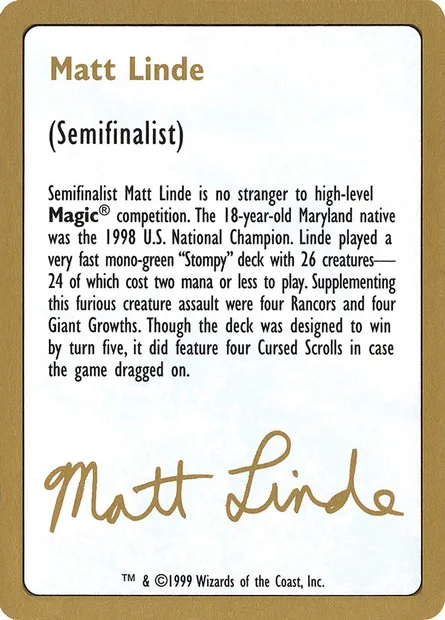 Matt Linde Bio, carte Magic WC99 ml0a — extension World Championship Decks 1999