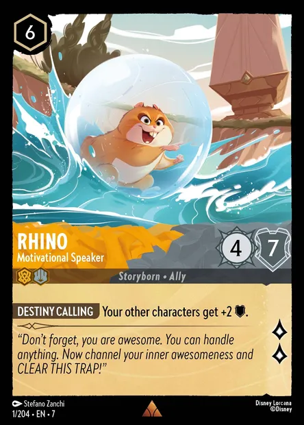 Rhino - Motivational Speaker, Disney Lorcana card CH7-001 — Archazia's Island set