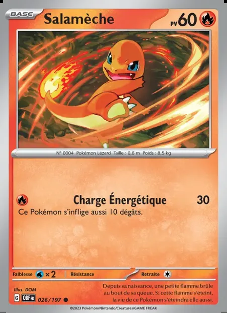 Salamèche, carte Pokémon OBF 026 — extension Flammes Obsidiennes