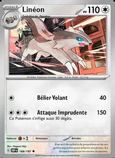 Linéon, carte Pokémon OBF 168 — extension Flammes Obsidiennes
