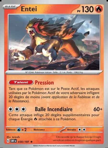 Entei, carte Pokémon OBF 030 — extension Flammes Obsidiennes