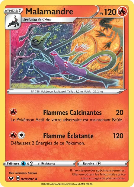 Malamandre, carte Pokémon SSH 28 — extension Épée et Bouclier