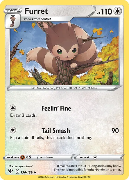 Furret, Pokémon card DAA 136 — Darkness Ablaze set