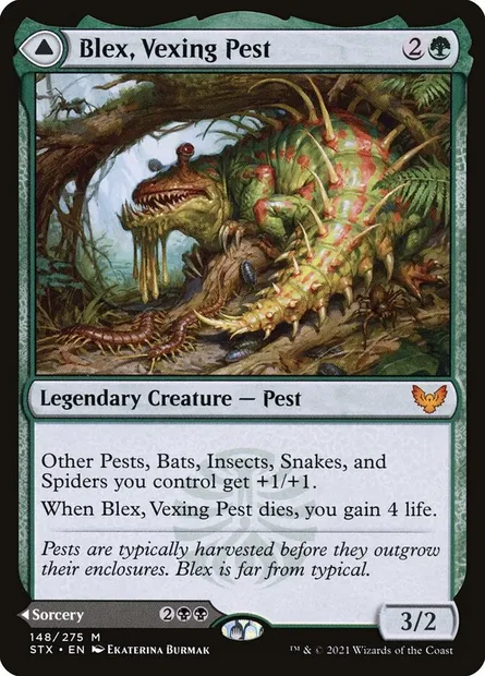 Blex, Vexing Pest // Search for Blex, Magic card STX 148 — Strixhaven: School of Mages set