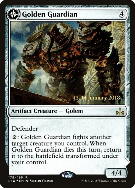 Golden Guardian // Gold-Forge Garrison, Magic card PRIX 179s — Rivals of Ixalan Promos set