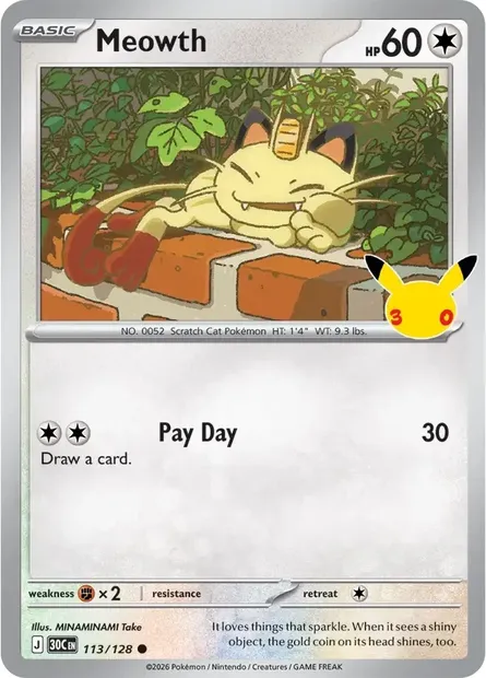 Meowth, Pokémon card 30C 113 — 30th Celebration set