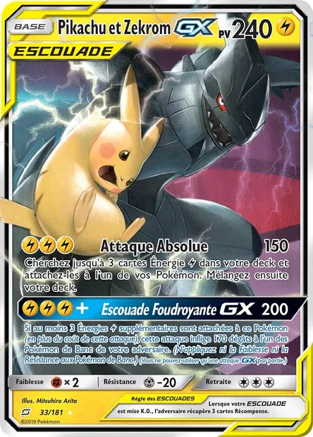Pikachu et Zekrom GX, carte Pokémon TEU 33 — extension Duo de Choc