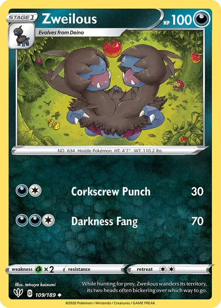 Zweilous, Pokémon card DAA 109 — Darkness Ablaze set