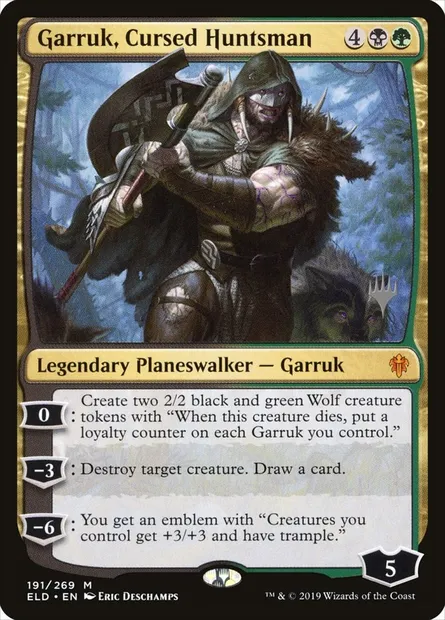 Garruk, chasseur maudit, carte Magic PELD 191p — extension Throne of Eldraine Promos