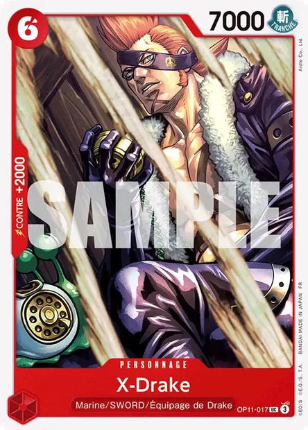 X-Drake, carte One Piece OP11-017 — extension DES POINGS VIFS COMME L'ÉCLAIR