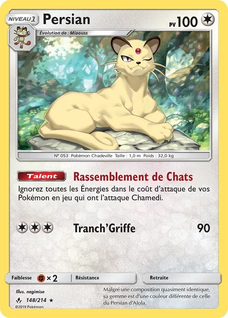 Persian, carte Pokémon UNB 148 — extension Alliance Infaillible