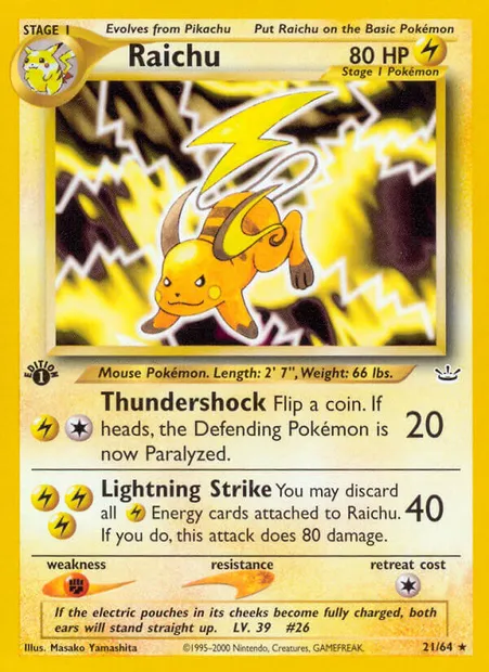 Raichu, Pokémon card NR 21 — Neo Revelation set