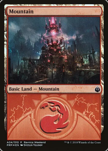Mountain, Magic card PRWK A04 — GRN Ravnica Weekend set