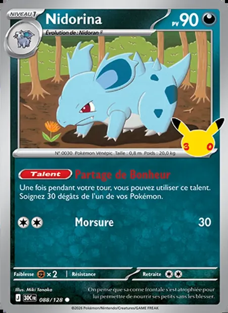 Nidorina, carte Pokémon 30C 088 — extension 30ᵉ Anniversaire