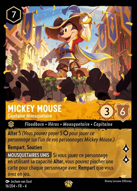Mickey Mouse - Capitaine Mousquetaire, carte Disney Lorcana CH4-016 — extension Le Retour d'Ursula