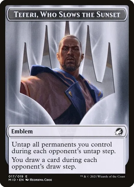 Teferi, Who Slows the Sunset Emblem, carte Magic TMID 17 — extension Innistrad: Midnight Hunt Tokens