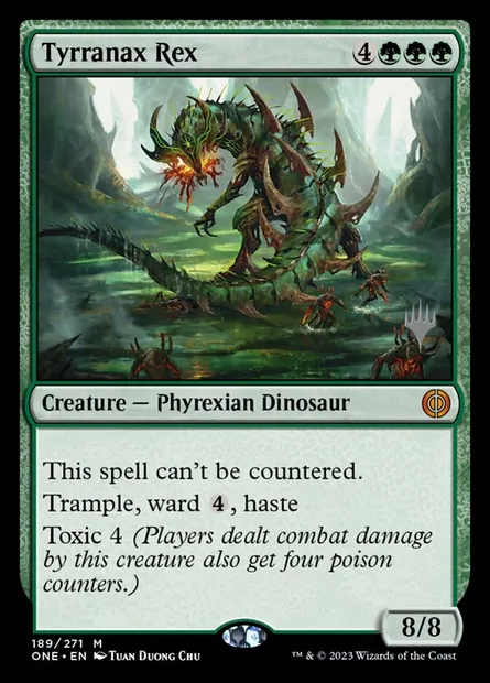 Tyrranax rex, carte Magic PONE 189p — extension Phyrexia: All Will Be One Promos