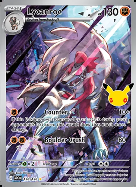 Lycanroc, Pokémon card 30C 138 — 30th Celebration set