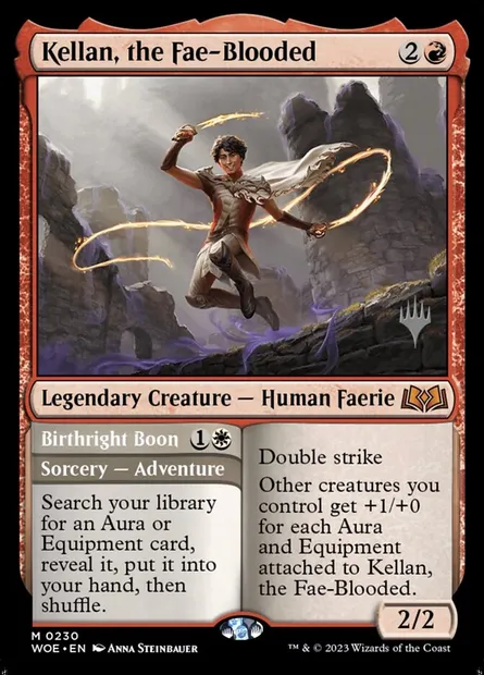 Kellan, the Fae-Blooded // Birthright Boon, Magic card PWOE 230p — Wilds of Eldraine Promos set