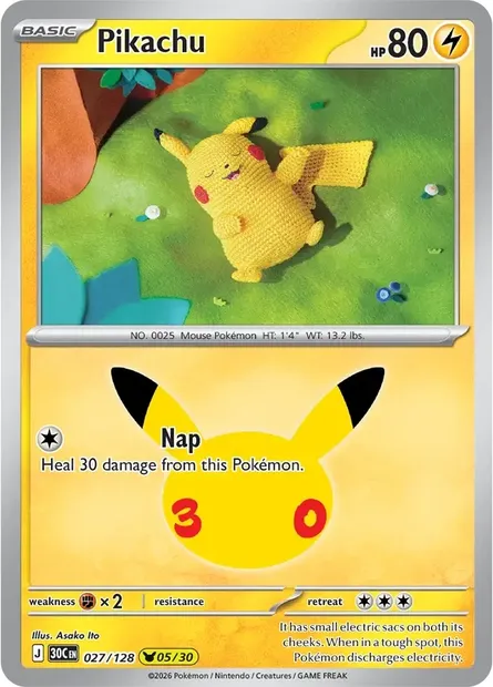 Pikachu, Pokémon card 30C 027 — 30th Celebration set