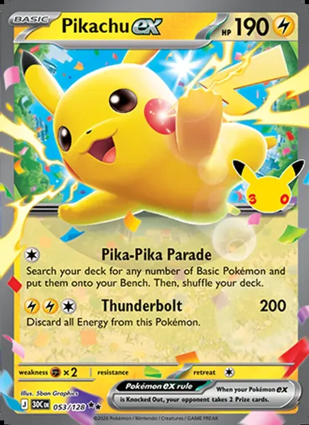 Pikachu ex, Pokémon card 30C 053 — 30th Celebration set