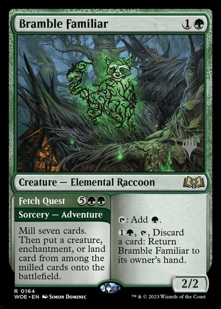 Bramble Familiar // Fetch Quest, Magic card PWOE 164p — Wilds of Eldraine Promos set