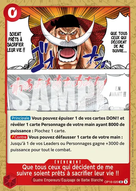 Que tous ceux qui décident de me suivre soient prêts à sacrifier leur vie !!, carte One Piece OP16-020 — extension L'HEURE DE LA BATAILLE DÉCISIVE