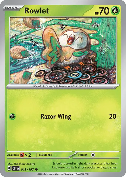 Rowlet, Pokémon card OBF 013 — Obsidian Flames set