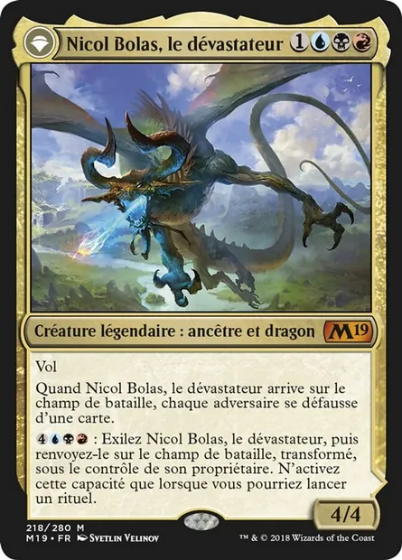 Nicol Bolas, le dévastateur // Nicol Bolas, le transcendé, carte Magic M19 218 — extension Core Set 2019