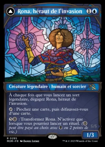 Rona, héraut de l'invasion // Rona, oblitératrice tolariane, carte Magic MOM 295 — extension L'invasion des machines