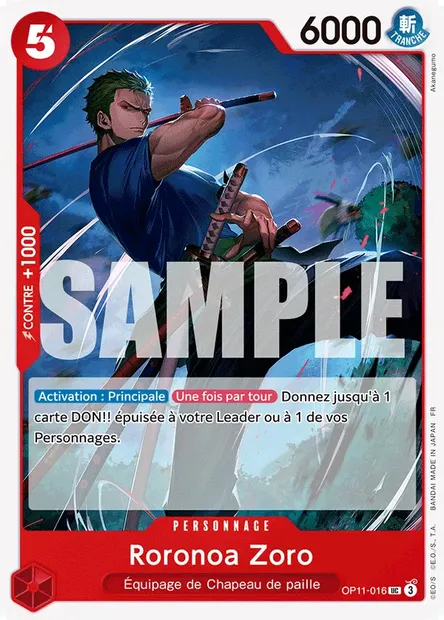 Roronoa Zoro, carte One Piece OP11-016 — extension DES POINGS VIFS COMME L'ÉCLAIR