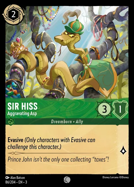 Sir Hiss - Aggravating Asp, Disney Lorcana card CH3-086 — Into the Inklands set