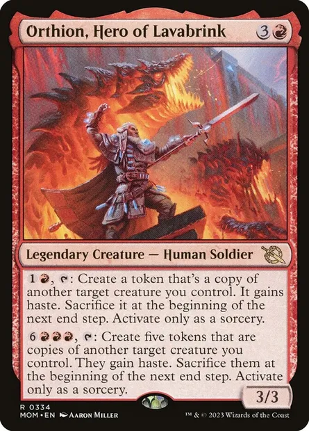 Orthion, Hero of Lavabrink, Magic card MOM 334 — March of the Machine set
