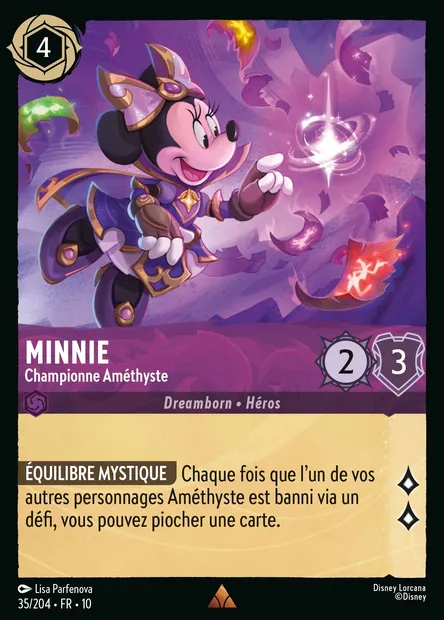 Minnie - Championne Améthyste, carte Disney Lorcana CH10-035 — extension Lueurs dans les Profondeurs