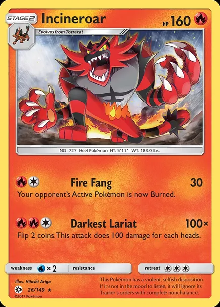 Incineroar, Pokémon card SUM 26 — Sun & Moon set